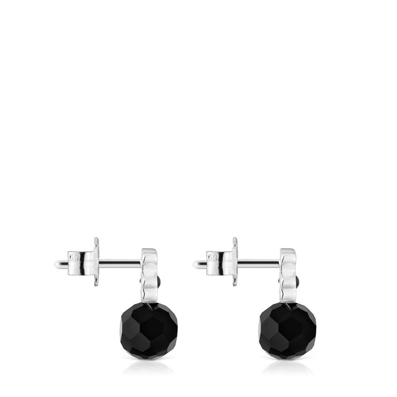 Aros pequeños oso de plata con ónix I-Bear-1