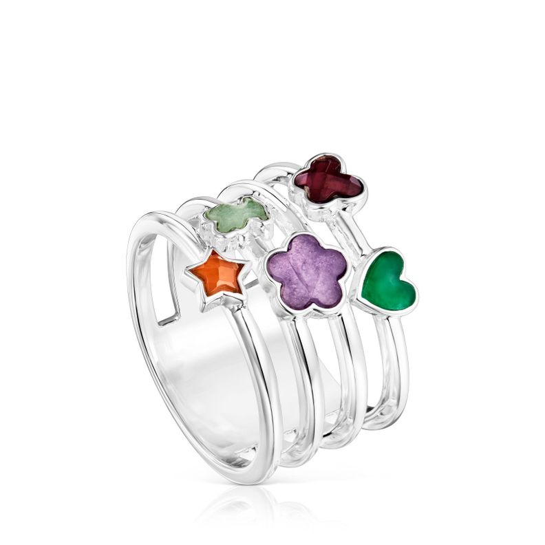 Anillo ancho de plata y gemas motivos Bold Motif-0