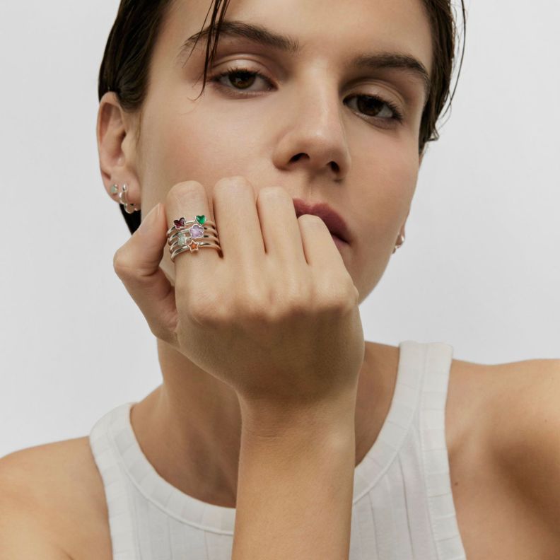 Anillo ancho de plata y gemas motivos Bold Motif-4