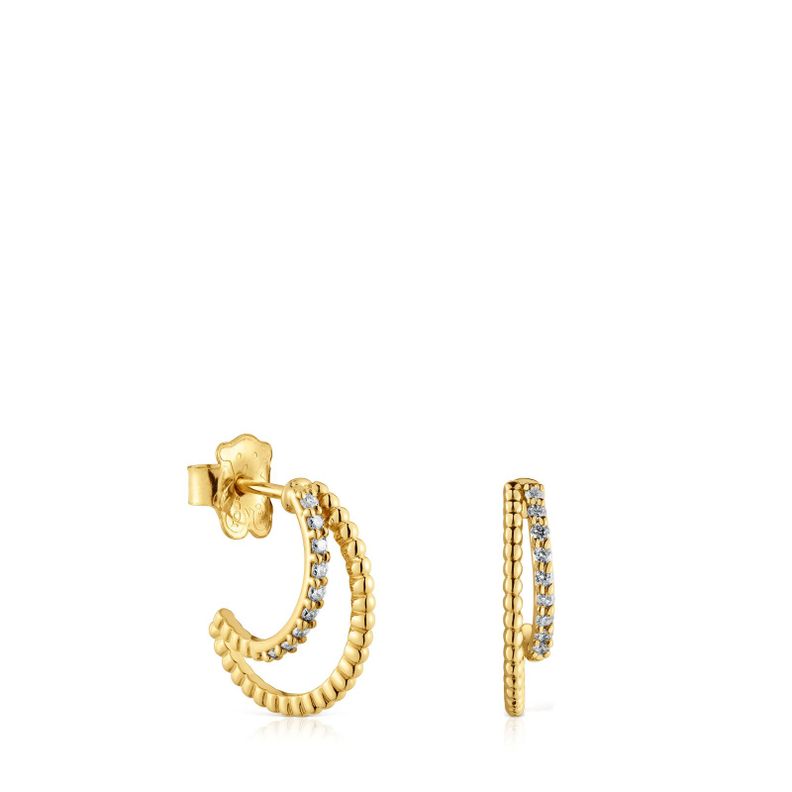Pendientes aro doble corto de oro con diamantes-0