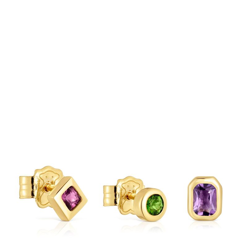 Pack de pendientes pequeños con baño de oro 18 kt sobre plata y gemas Basic Colors-0