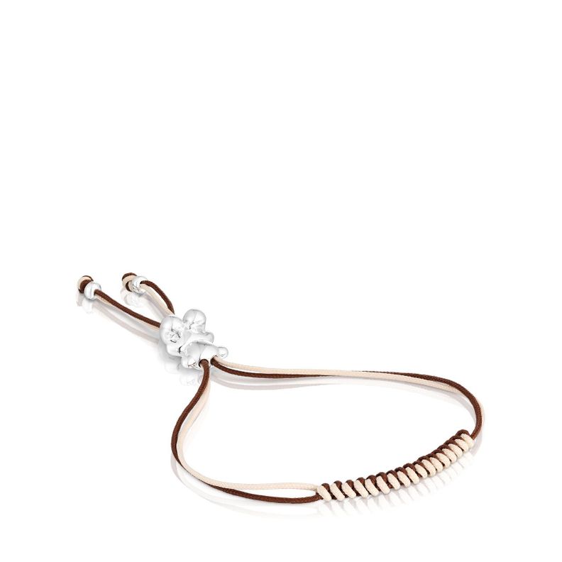 Pulsera cordón marrón y beige con oso de plata Bold Bear-0