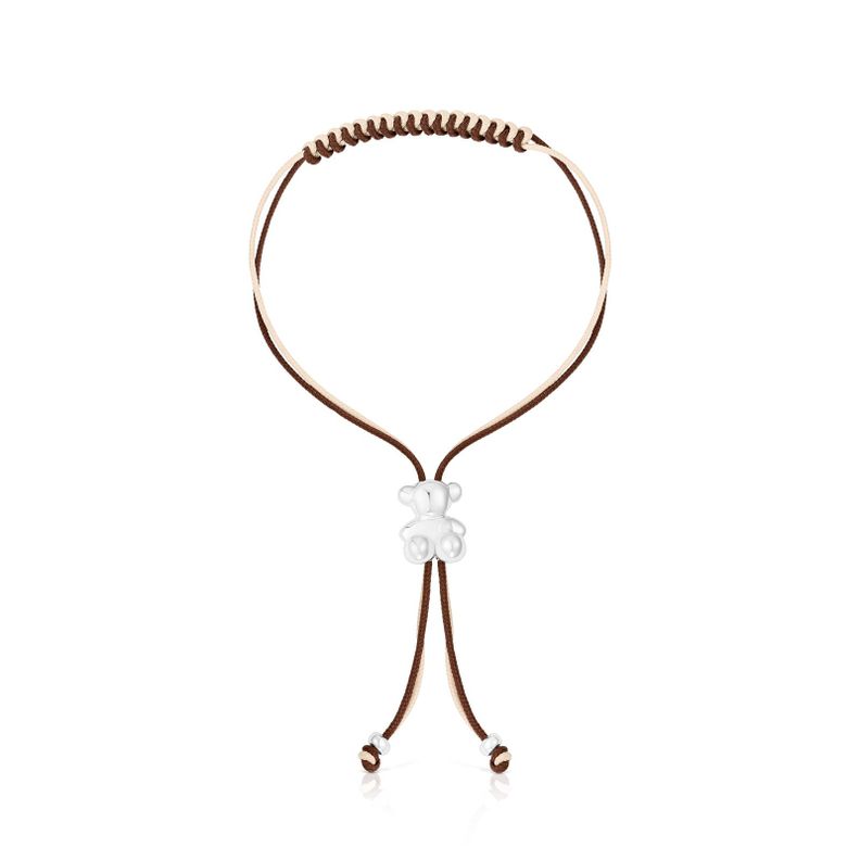Pulsera cordón marrón y beige con oso de plata Bold Bear-1