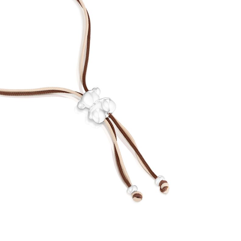 Pulsera cordón marrón y beige con oso de plata Bold Bear-2