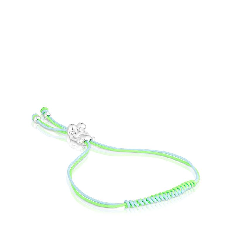 Pulsera cordón verde y azul con oso de plata Bold Bear-0