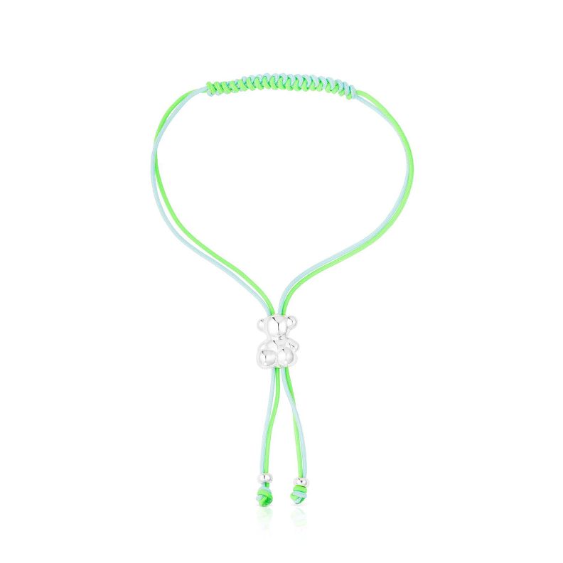 Pulsera cordón verde y azul con oso de plata Bold Bear-1