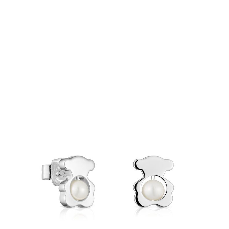 Aros pequeños oso plata con perlas cultivadas 10 mm I-Bear-0