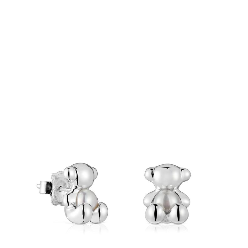 Aros oso pequeños de plata y nácar Bold Bear-0
