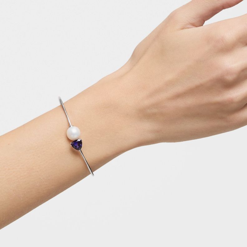 Pulsera esclava de oro blanco, iolita y perla cultivada-4