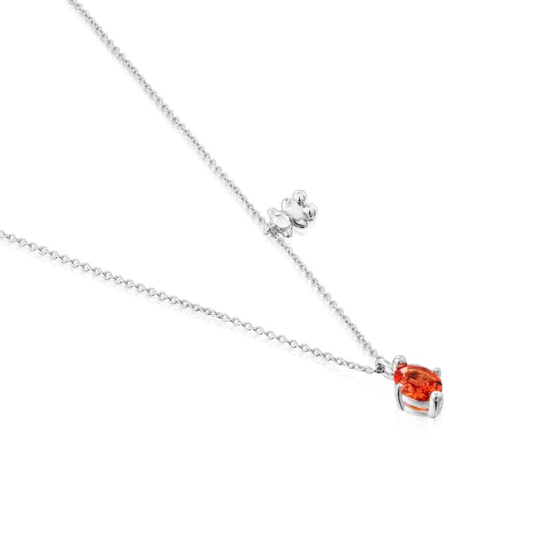 Collar corto motivo oso de plata y zafiro naranja Bold Bear-2