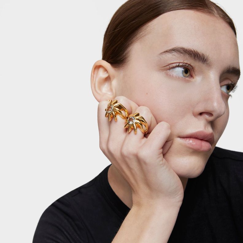 Anillo sello con baño de oro 18 kt sobre plata y prasiolita Galia-4