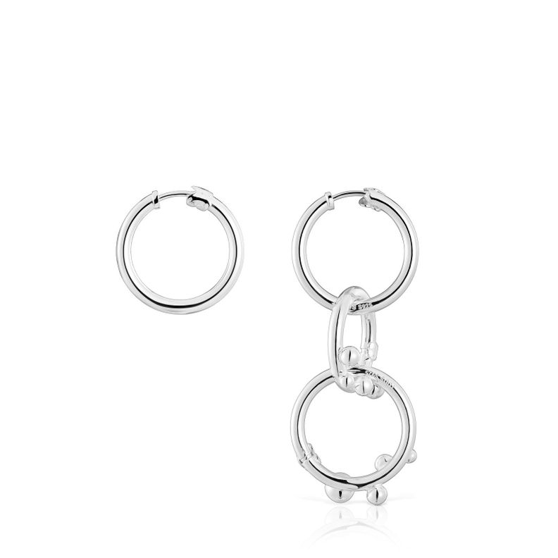 Pendientes de plata corto/largo con anillas y detalles Hold-1