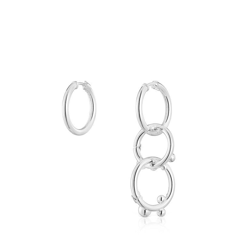 Pendientes de plata corto/largo con anillas y detalles Hold-2