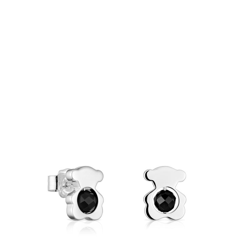 Aros pequeños oso de plata con ónix 10 mm I-Bear-0