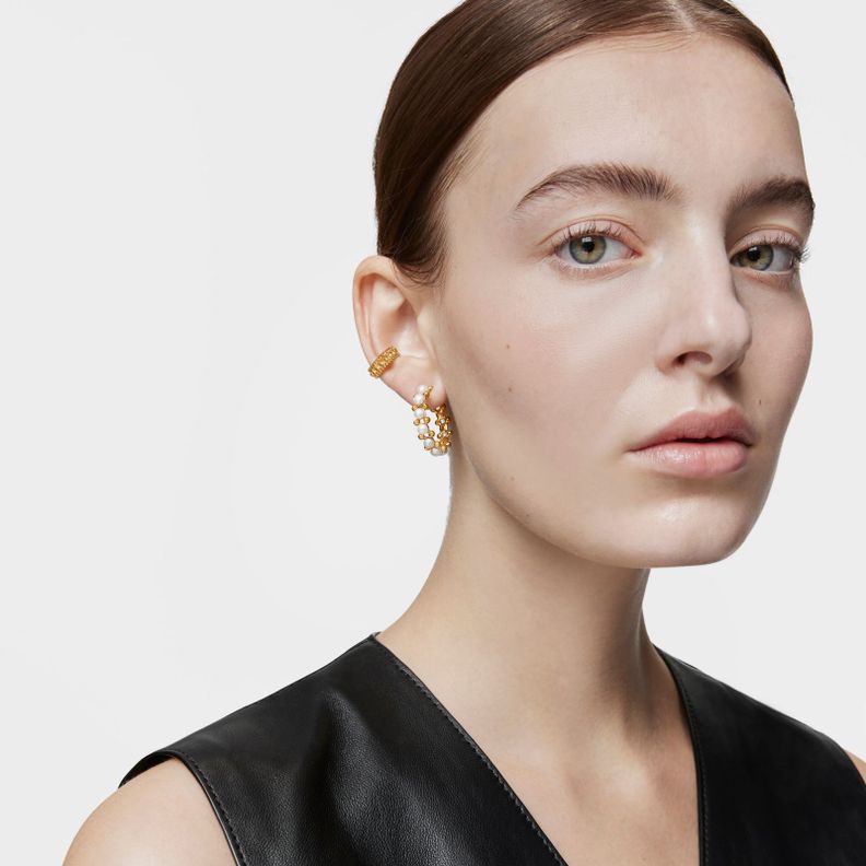 aros triple con baño de oro de 18 kt sobre plata y perlas-5