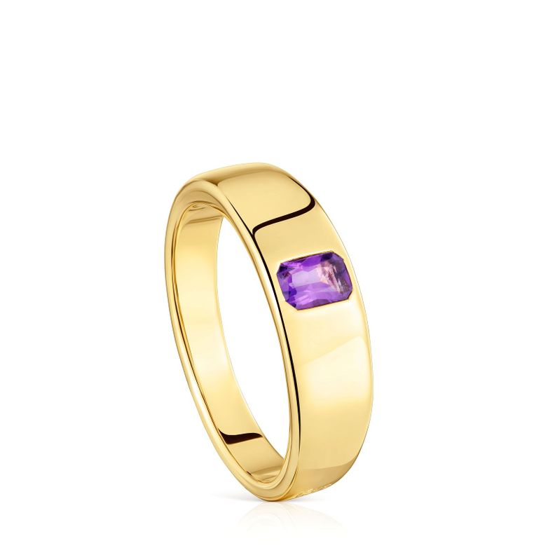 Anillo sello con baño de oro 18 kt sobre plata y amatista-0
