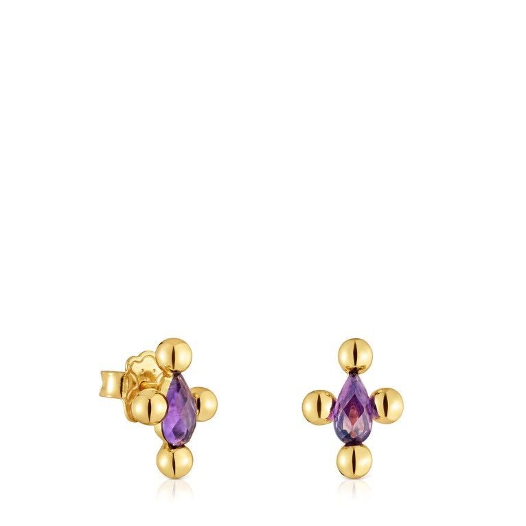 Aros con baño de oro 18 kt sobre plata y amatista-0