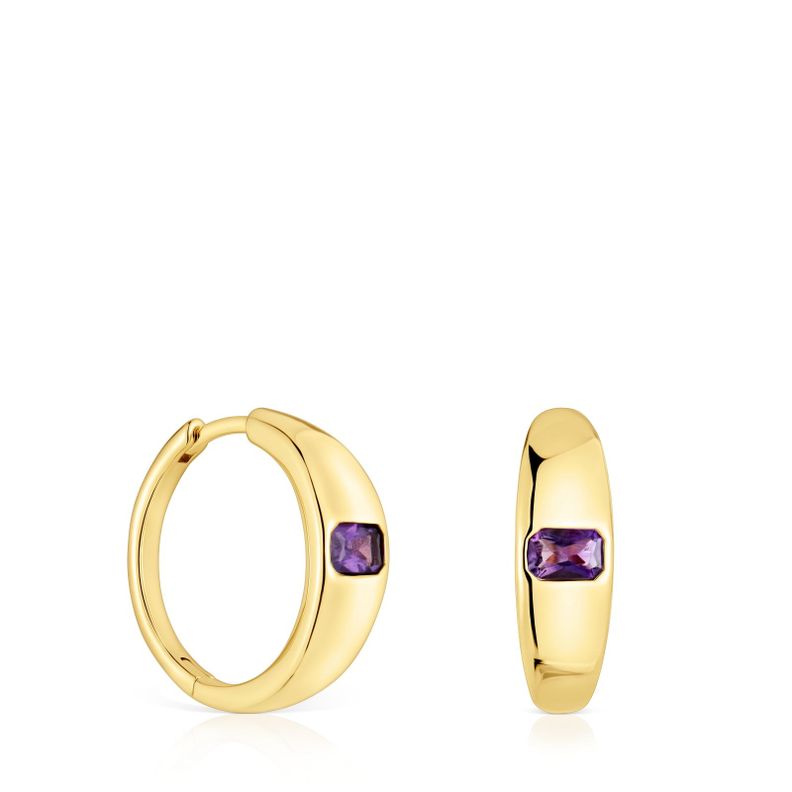 Pendientes aro cortos con baño de oro 18 kt sobre plata y amatista Basic Colors-0