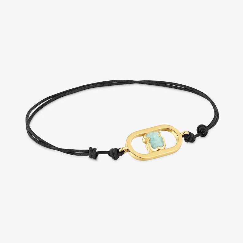 Pulsera de nylon negro bano de oro 18 kt y amazonita Camille Dorado