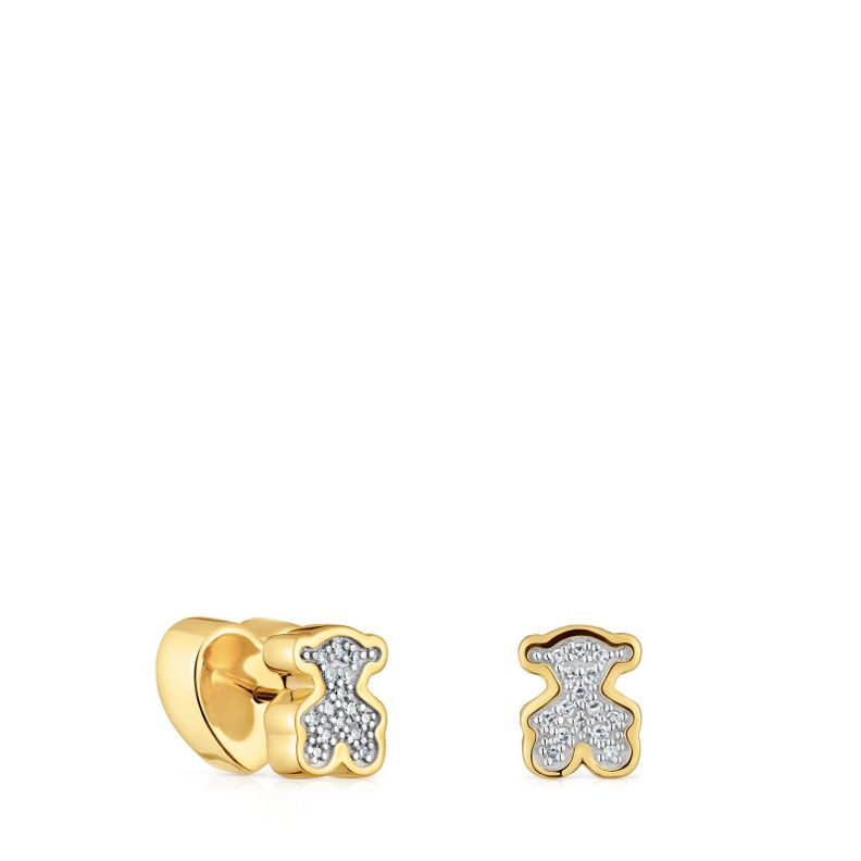Pendientes oso con baño de oro 18 kt sobre plata y diamantes-0