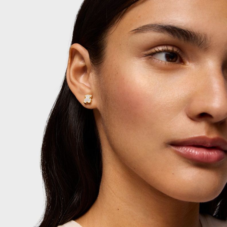 Pendientes oso con baño de oro 18 kt sobre plata y diamantes-3
