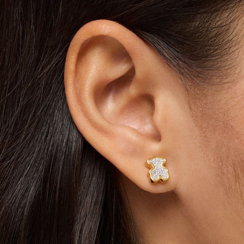 Pendientes oso con baño de oro 18 kt sobre plata y diamantes-5