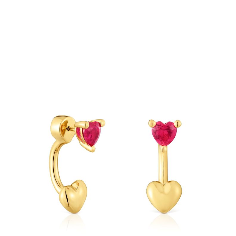 Pendientes cortos con baño de oro 18 kt sobre plata y rubí creado en laboratorio Garden Of Love LGG-0