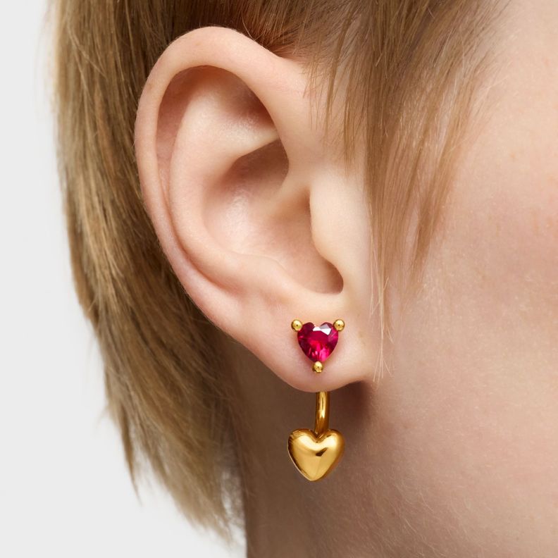 Pendientes cortos con baño de oro 18 kt sobre plata y rubí creado en laboratorio Garden Of Love LGG-6