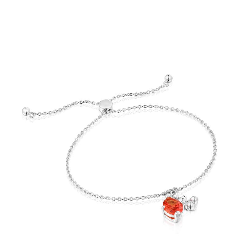 Pulsera cadena motivo oso de plata y zafiro naranja-0