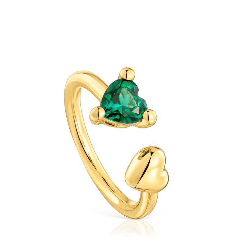 Anillo abierto con baño de oro 18 kt sobre plata y esmeralda-0