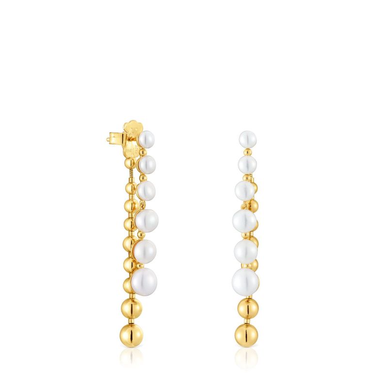 Pendientes largos dobles con baño de oro de 18 kt sobre plata y perlas cultivadas Gloss-0