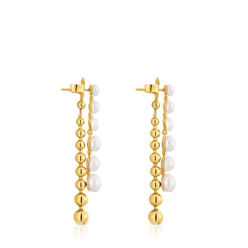 Pendientes largos dobles con baño de oro de 18 kt sobre plata y perlas cultivadas Gloss-1