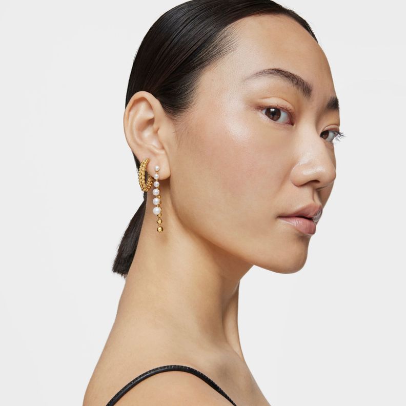 Pendientes largos dobles con baño de oro de 18 kt sobre plata y perlas cultivadas Gloss-3
