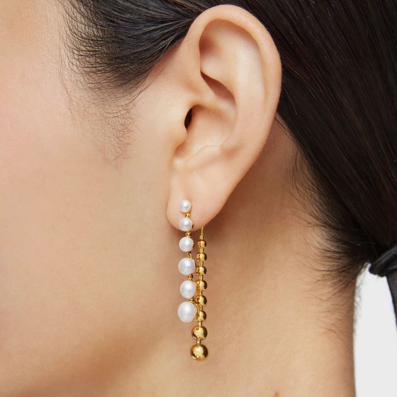 Pendientes largos dobles con baño de oro de 18 kt sobre plata y perlas cultivadas Gloss-5