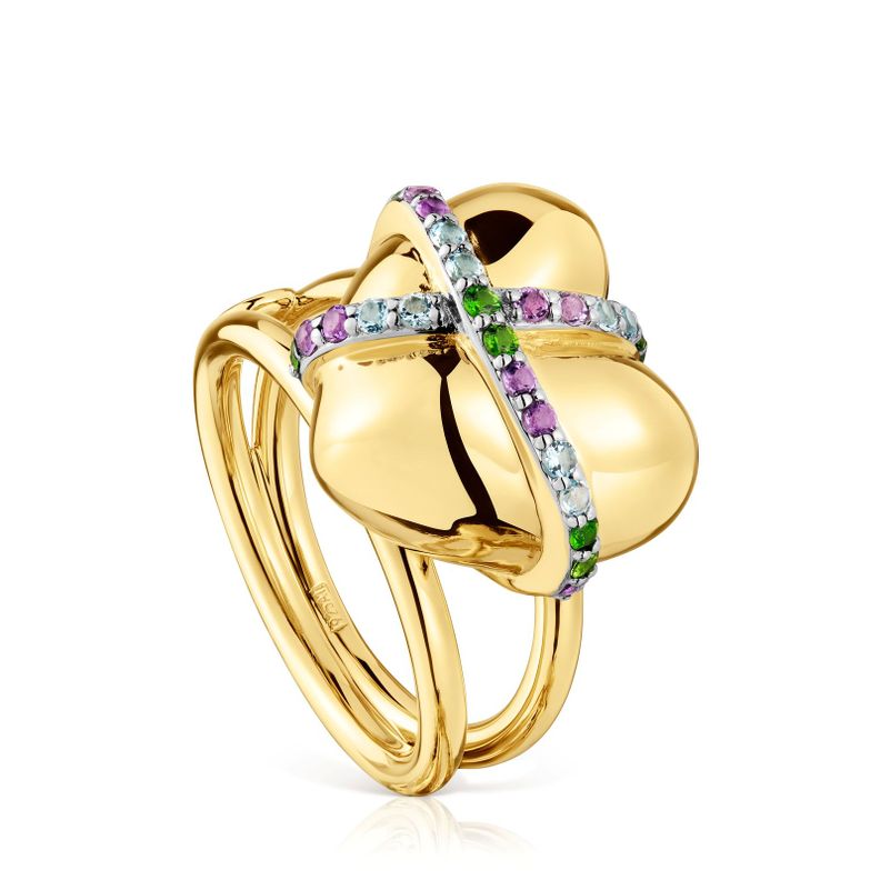 Anillo mediano con baño de oro 18 kt sobre plata y gemas-0
