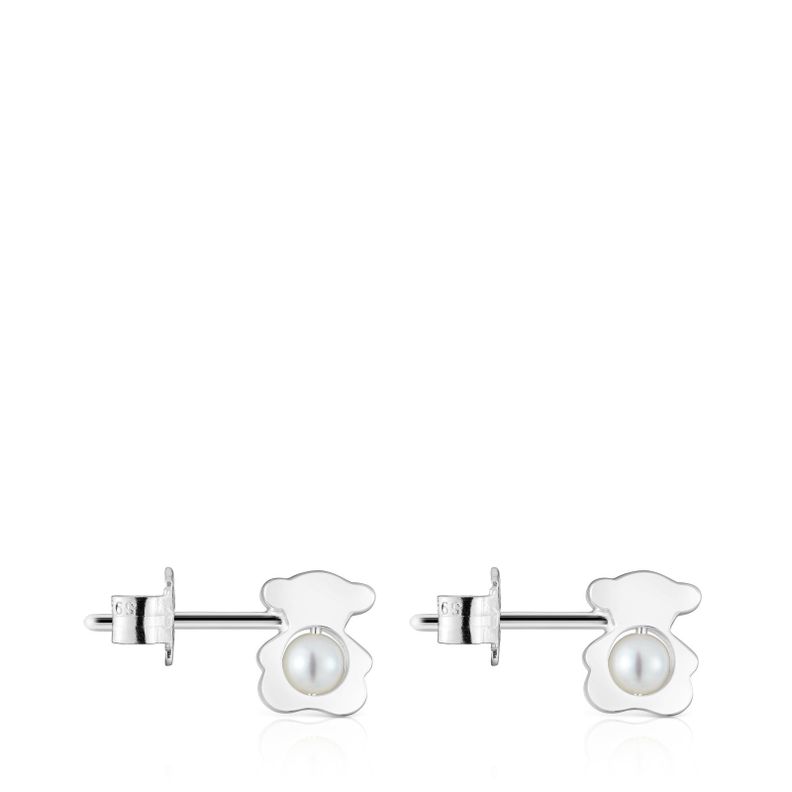 Aros pequeños oso de plata con perlas cultivadas 8 mm I-Bear-1