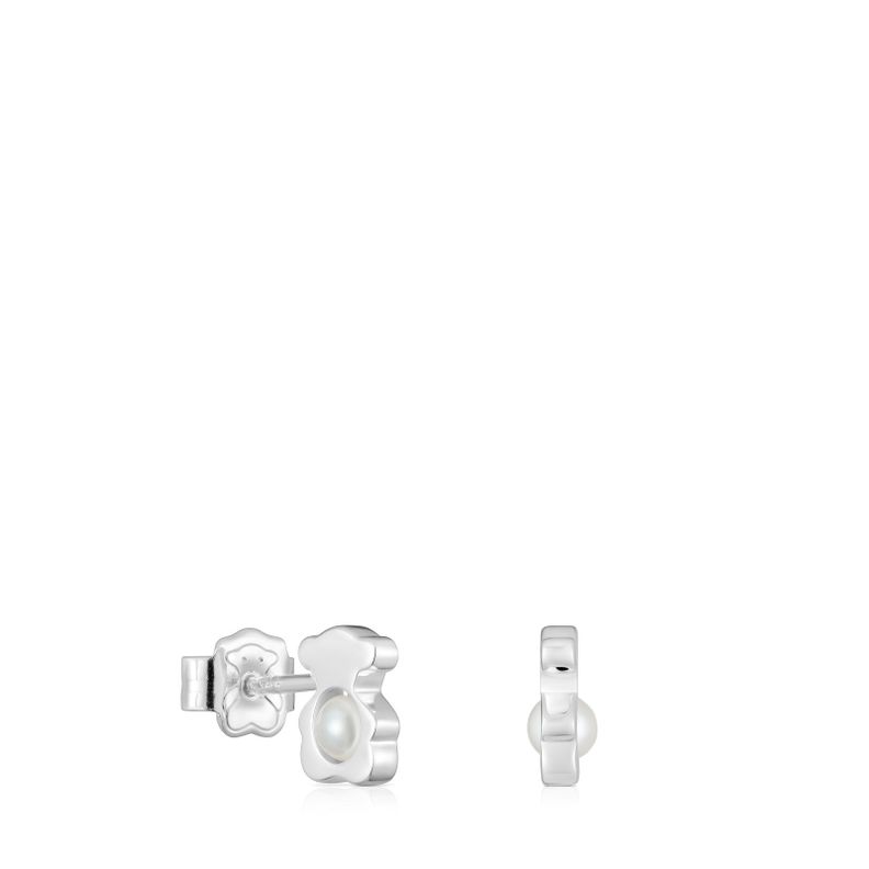 Aros pequeños oso de plata con perlas cultivadas 8 mm I-Bear-3