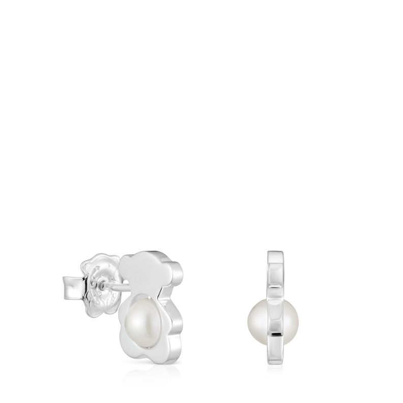 Aros oso de plata con perlas cultivadas 12 mm I-Bear-0