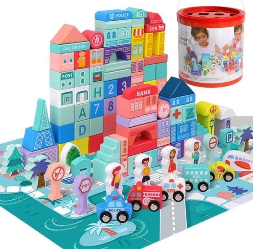 Juguete Didáctico Ciudad Bloques Construcción Madera Niños-0