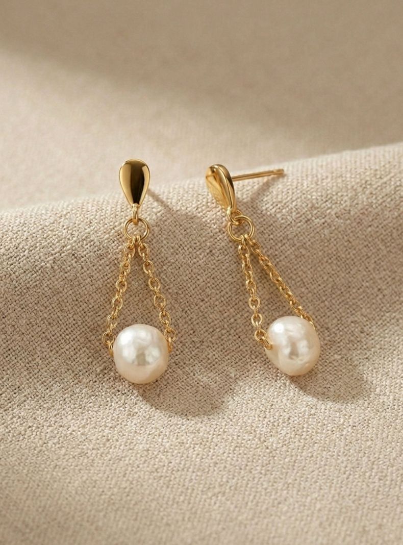 Aros Finos Perla Cultivada De Rio Cadena Acero Bano Oro 14k
