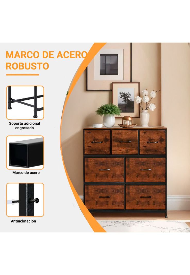 Cómoda Cajonera DecoTeam Acero Con Tapa de Madera 7 Cajones-4