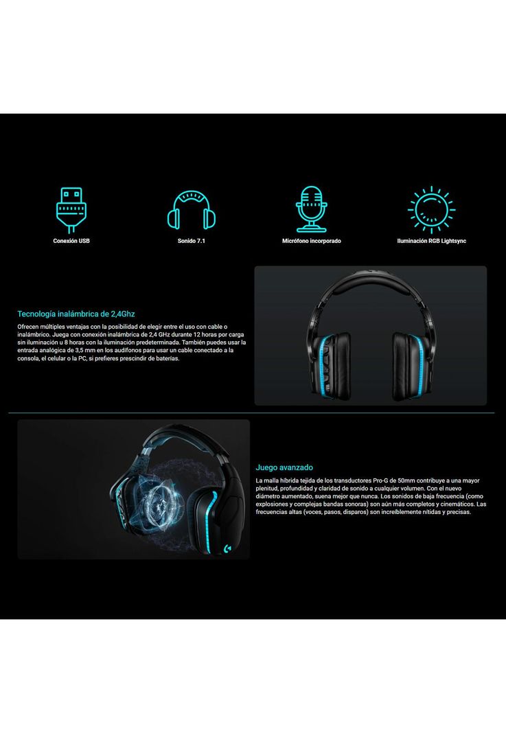 Audífonos Gamer Inalámbricos Logitech G935-2
