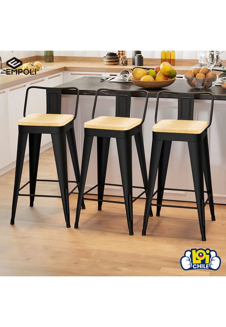 Pack 3 Sillas Piso Bar Taburete Metal y Madera-8