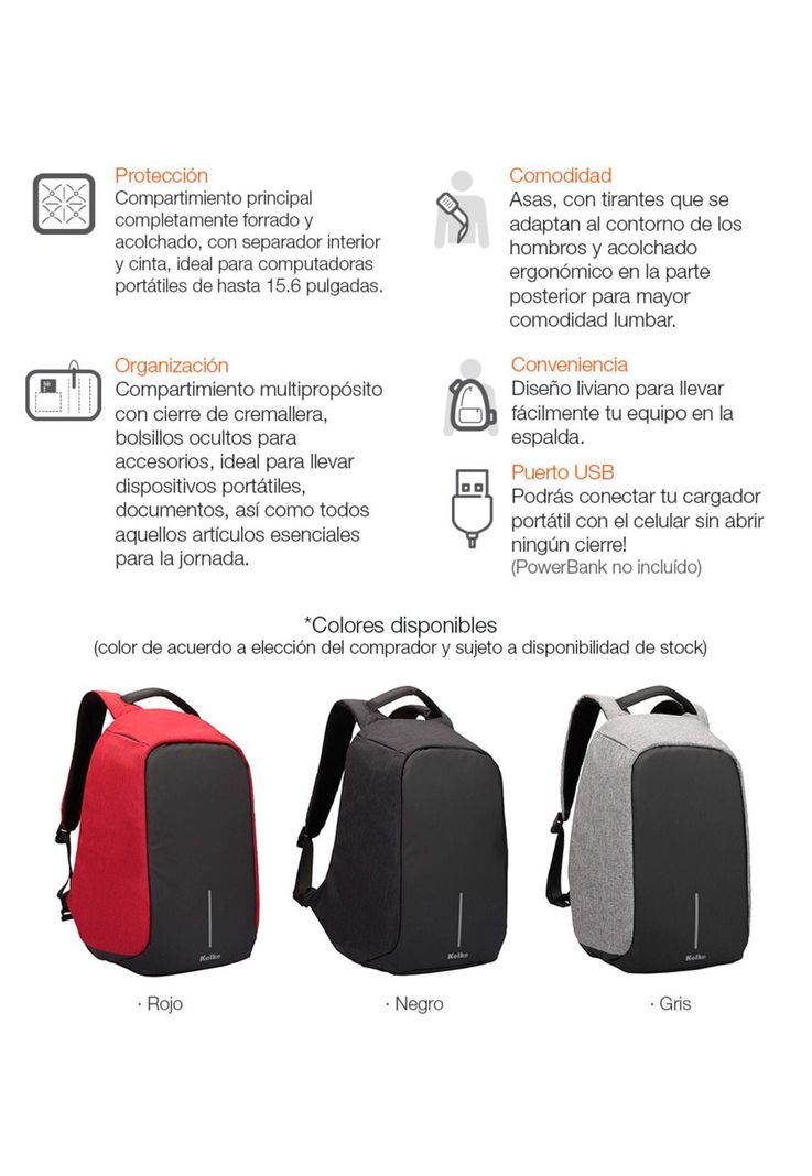 Mochila para Notebook Anti Robo Impermeable Puerto USB Roja-2
