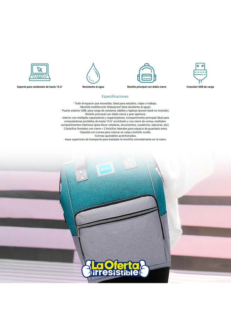 Mochila para Notebook Kolke Impermeable con Puerto USB-2