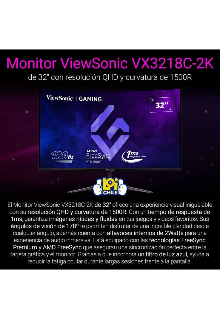 Monitor Gamer Curvo Viewsonic 32" Freesync QHD 2K 180Hz 1ms-1