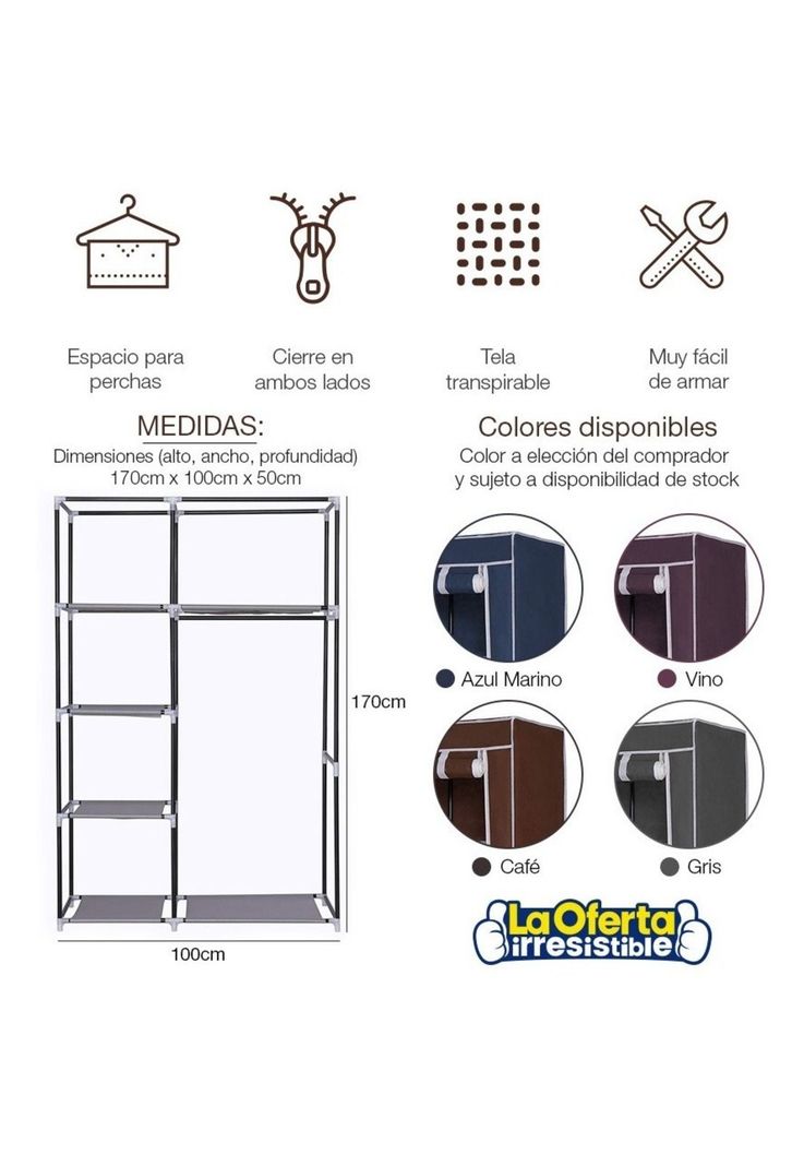 Closet Ropero De Tela Con Colgador 5 Estantes 170x100x50 Loi-3