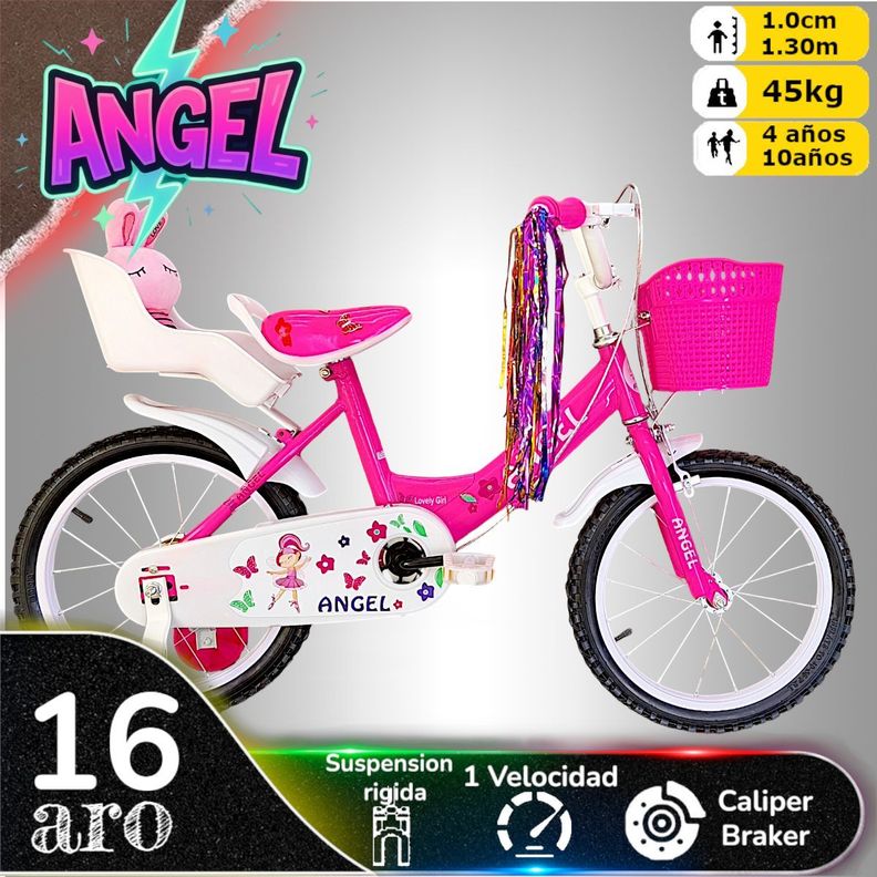 Bicicleta Aro 16 Infantil Con Peluchero Rosado Angel