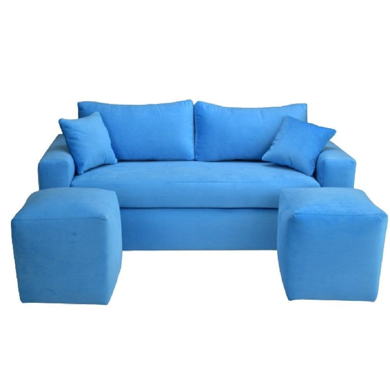 Sofá  Meliss 3 Cuerpos Felpa Azul L. +2 Pouf-0