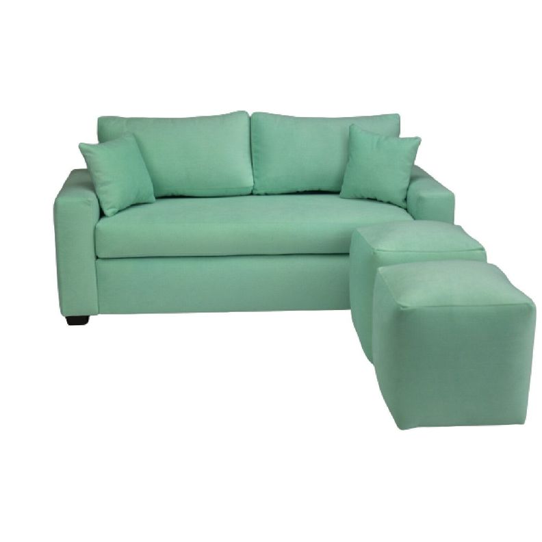 Sofá 3 Cuerpos Felpa Verde Agua + 2 Pouf-0